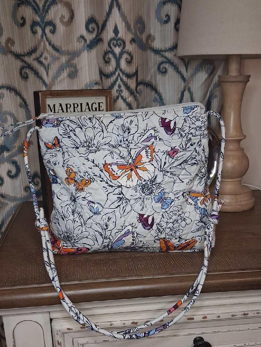 Vera Bradley White Quilted Crossbody with Orange & Purple Butterfly Accents